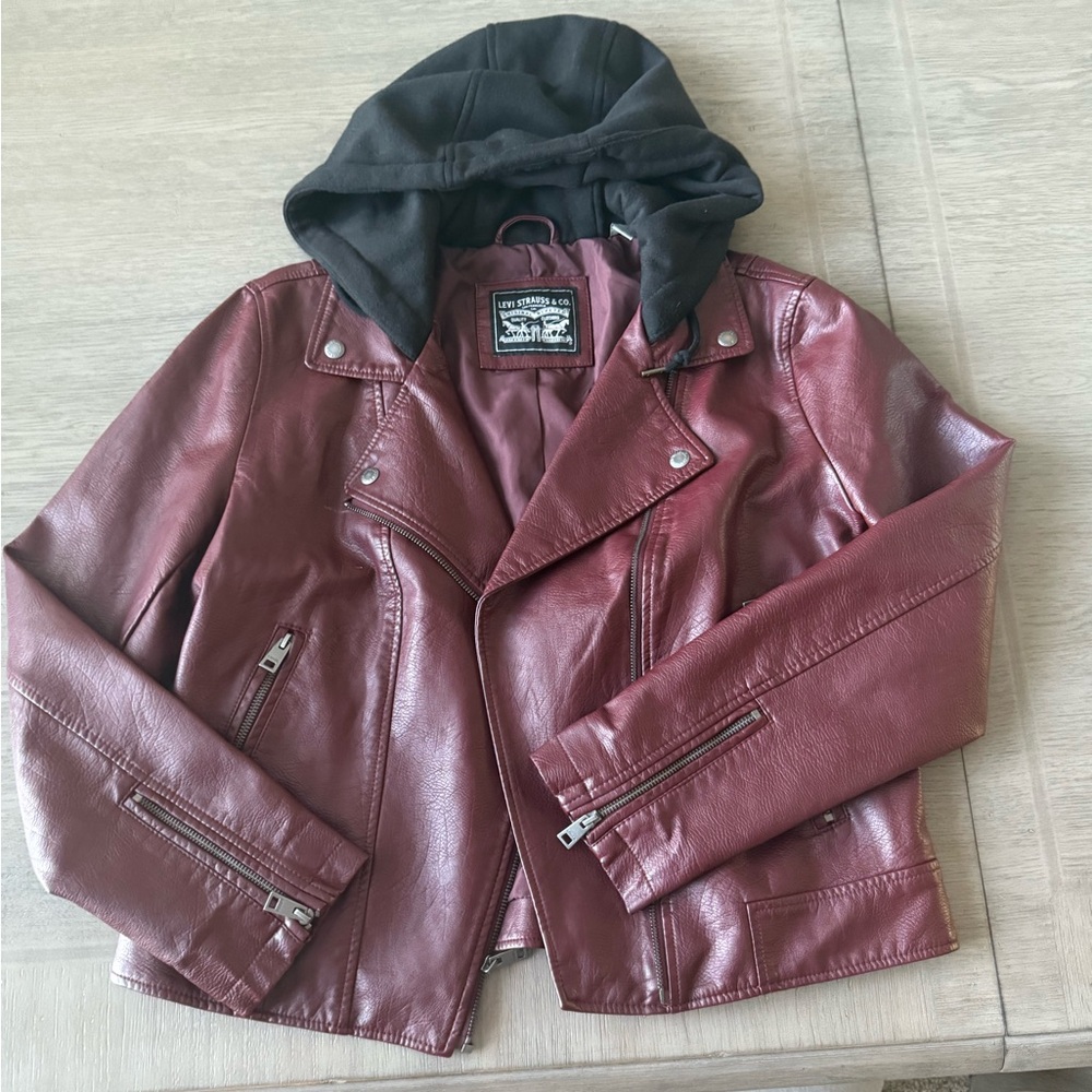 Levi's Ladies' Faux Leather Moto Hooded Jacket, Red (Cabernet) - (L) Large